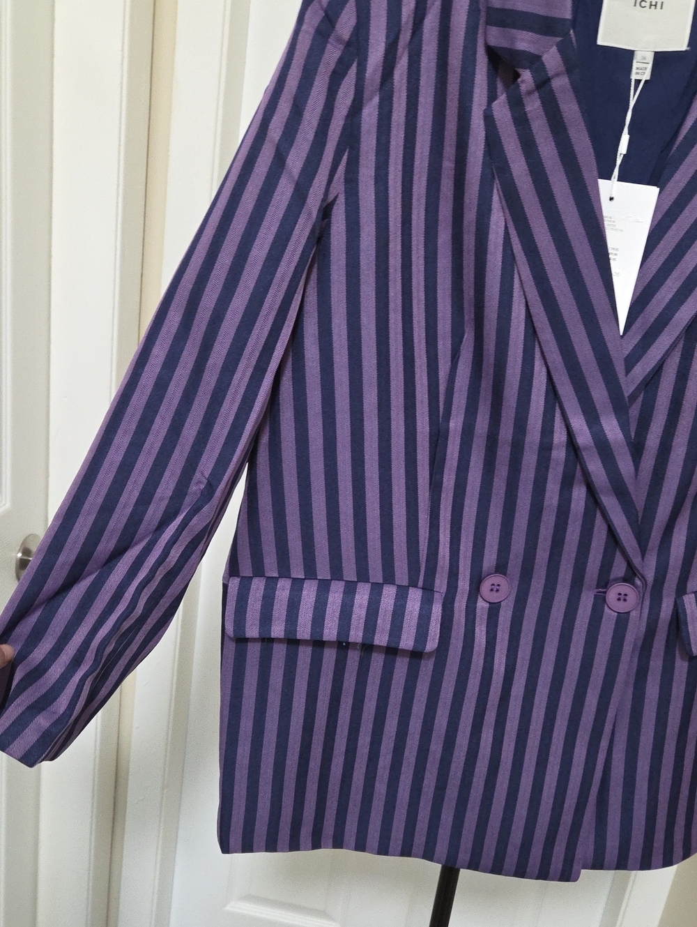 NWT ICHI Purple Stripe Double-Breasted Blazer Lightweight Tailored Career Office - Picture 6 of 8
